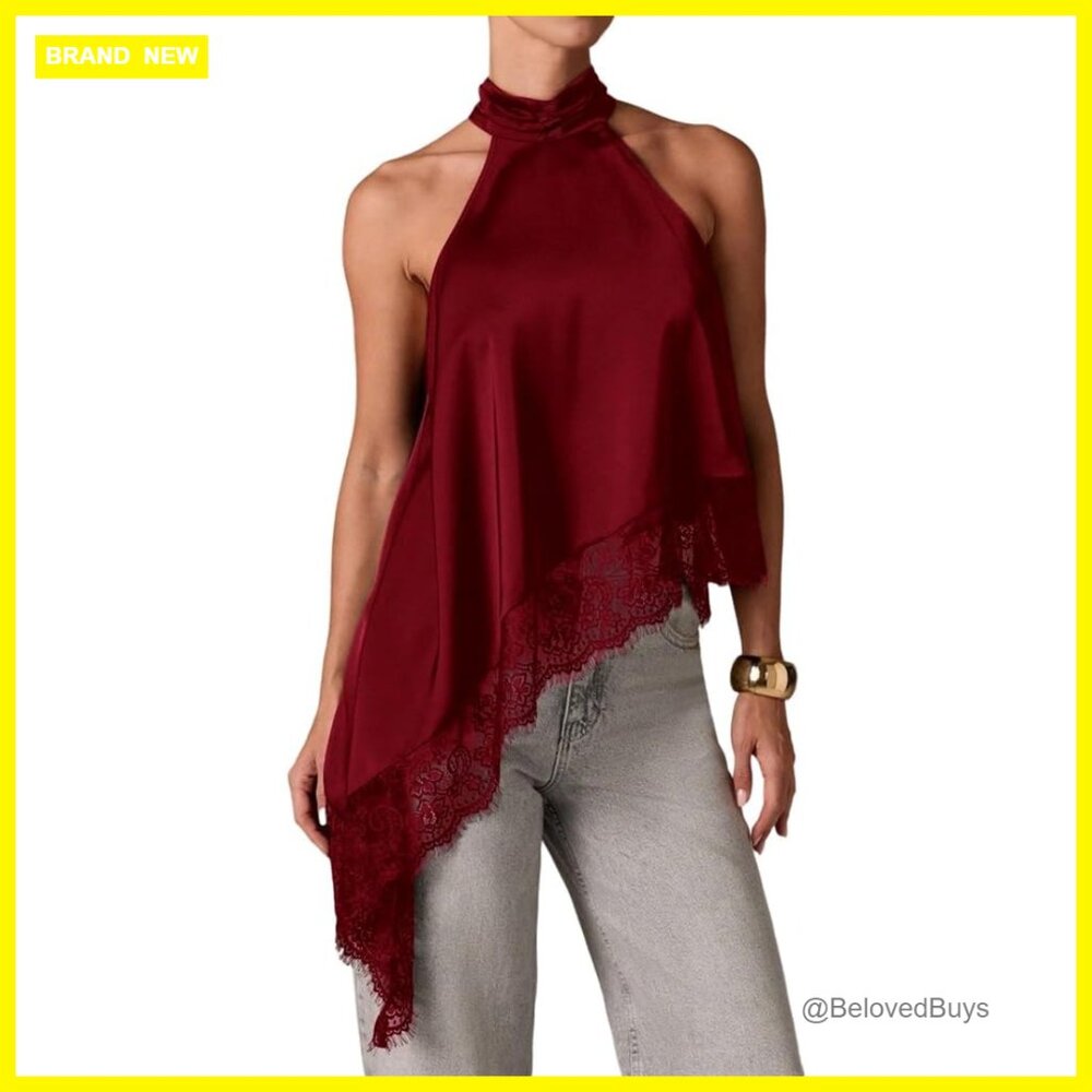 Satin Halter Tank Top Lace Trim Asymmetrical Hem Backless Y2k Style